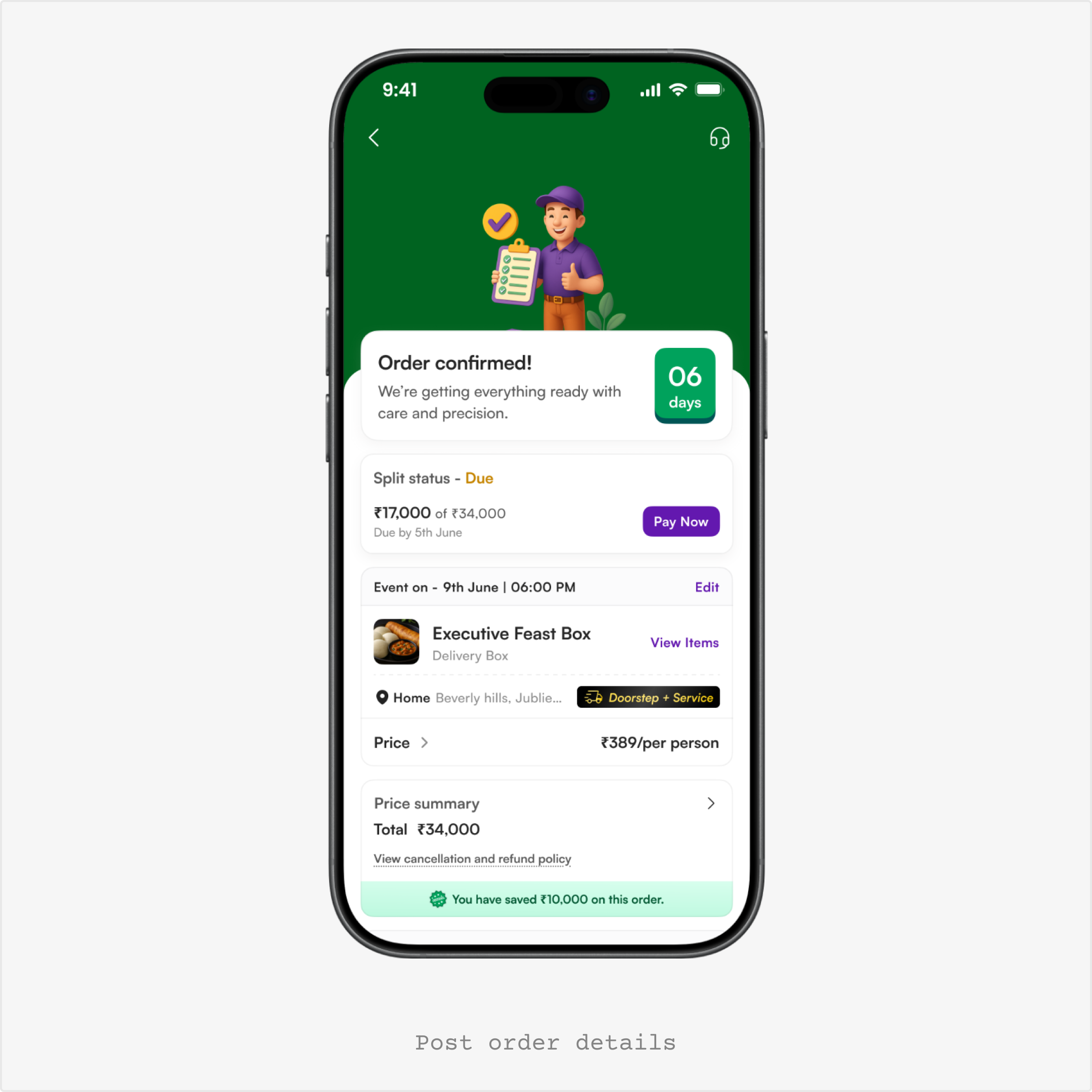 Post-order details presentation frame