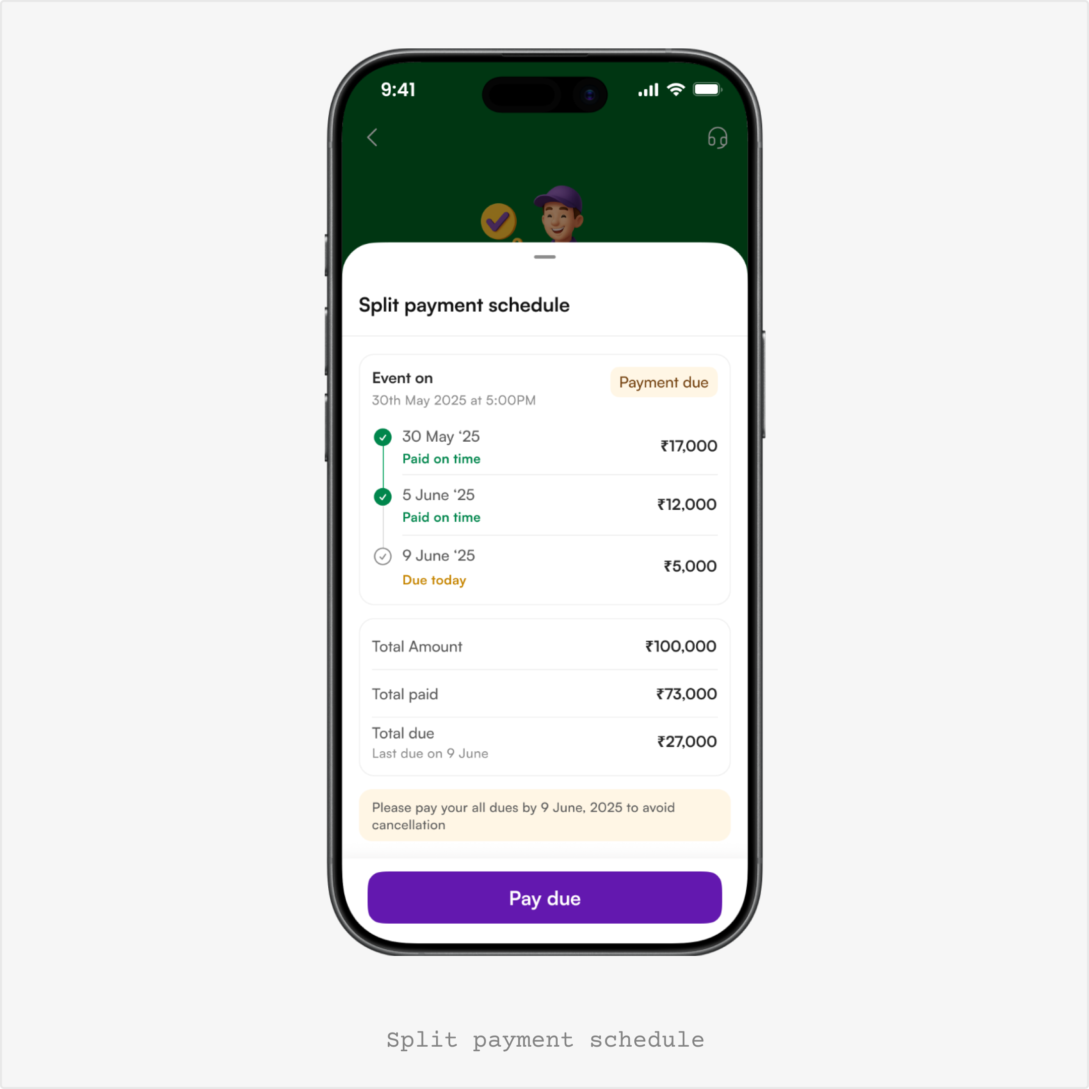 Split-payment schedule presentation frame