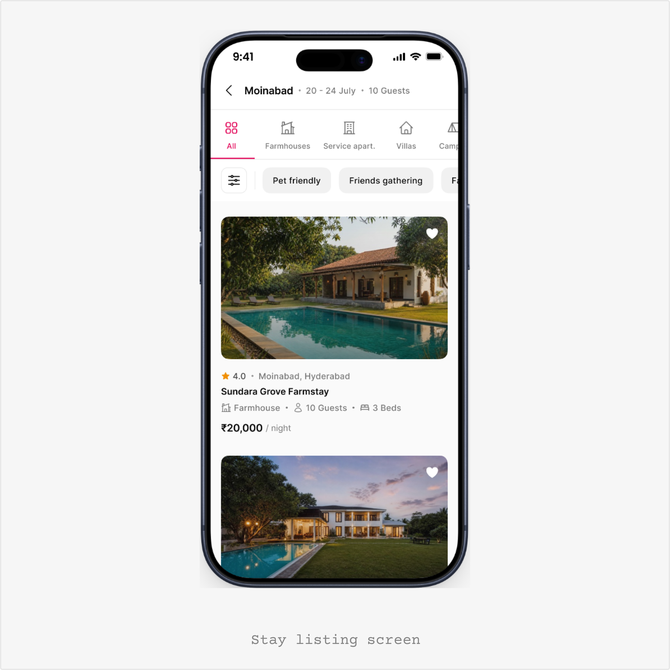 Mobile stay listing screen