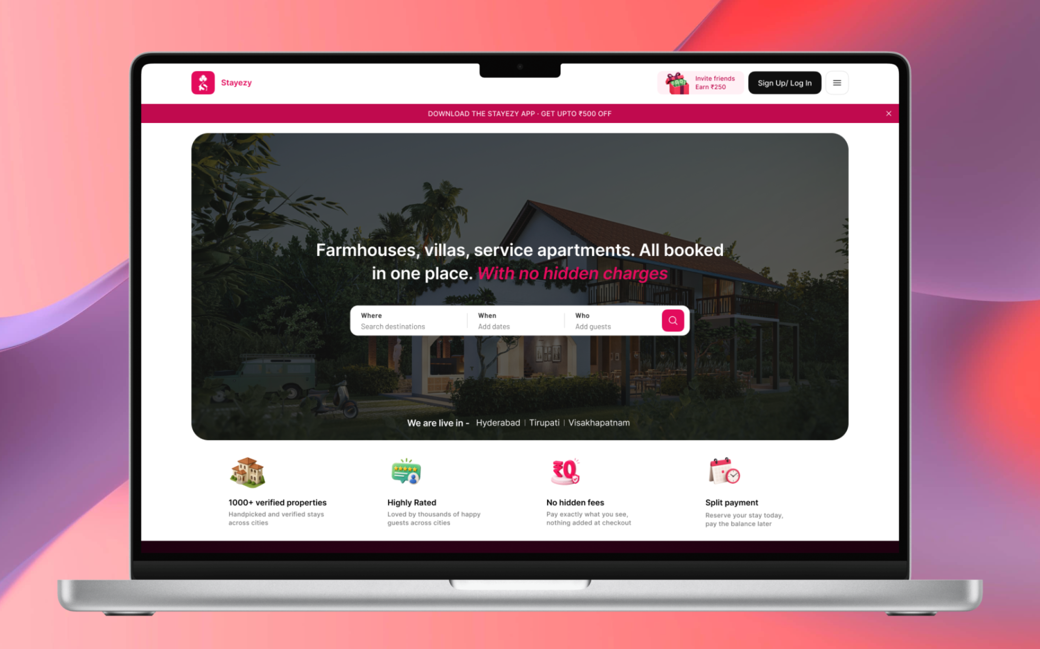 Stayezy website and booking interface shown on a laptop